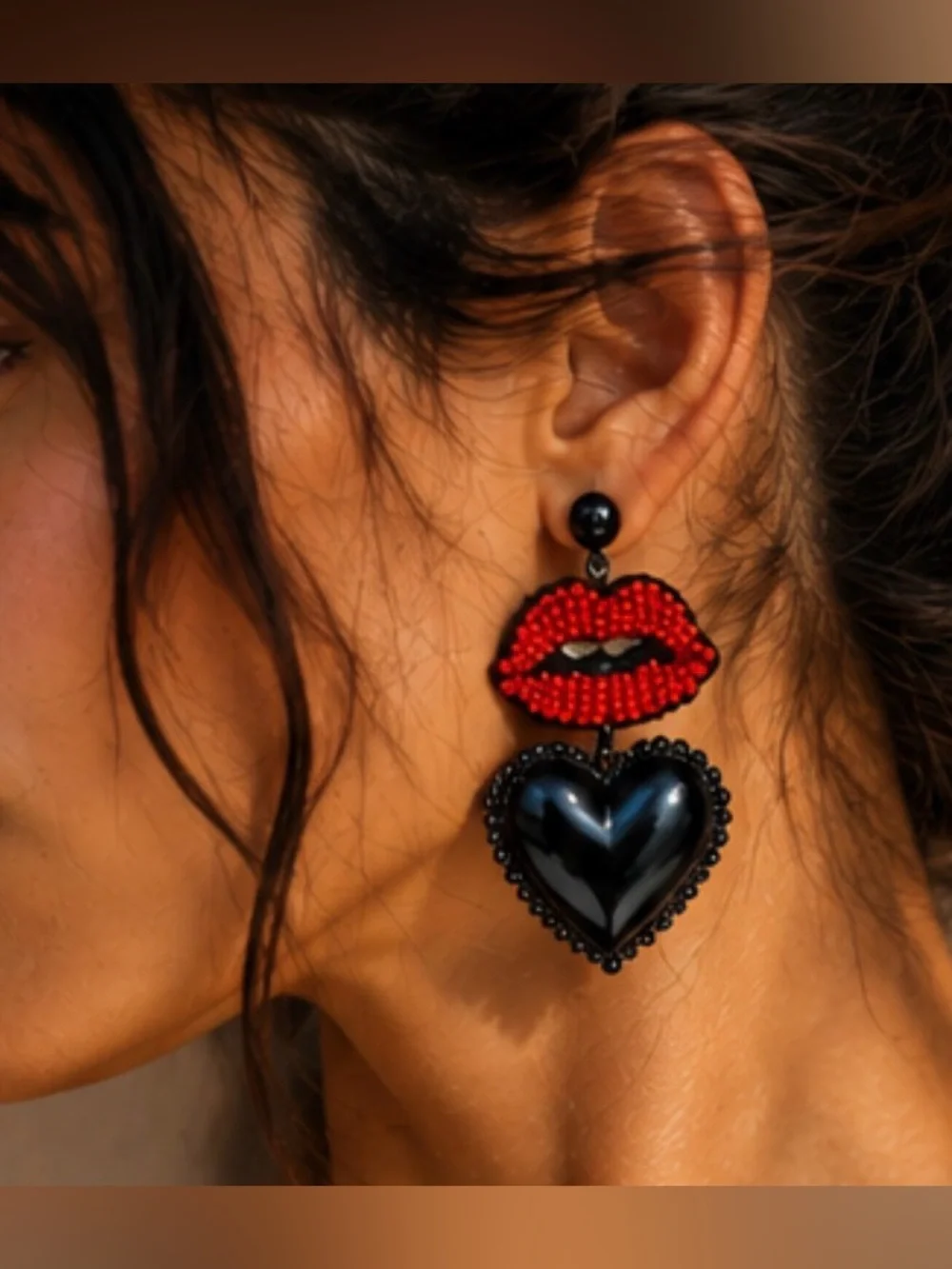 Beaded Red Lips & Black Heart Statement Earrings | 3.5” Lightweight | Kiss &Tell